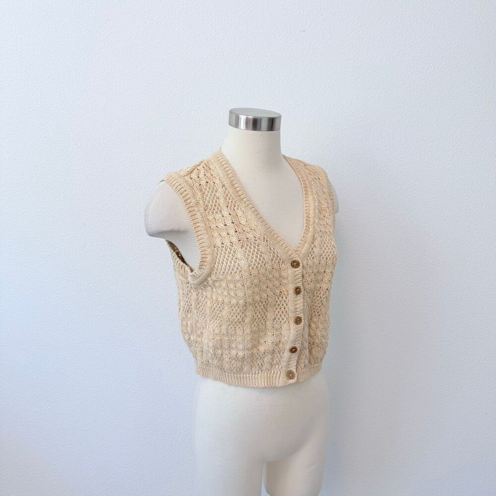 Vintage Liz Claiborne Linen Crochet Woven Sweater Vest Tan Medium - Picture 2 of 7